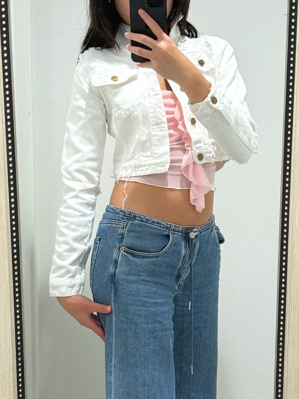 Carmar White Denim Distressed Ripped Cropped Jacket Size Extra Small